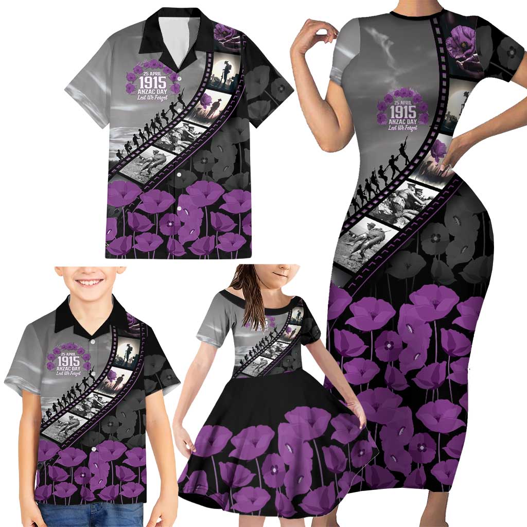Personalised Remembering ANZAC Lest We Forget Family Matching Short Sleeve Bodycon Dress and Hawaiian Shirt Vintage Film Frame Memorial Purple Poppy