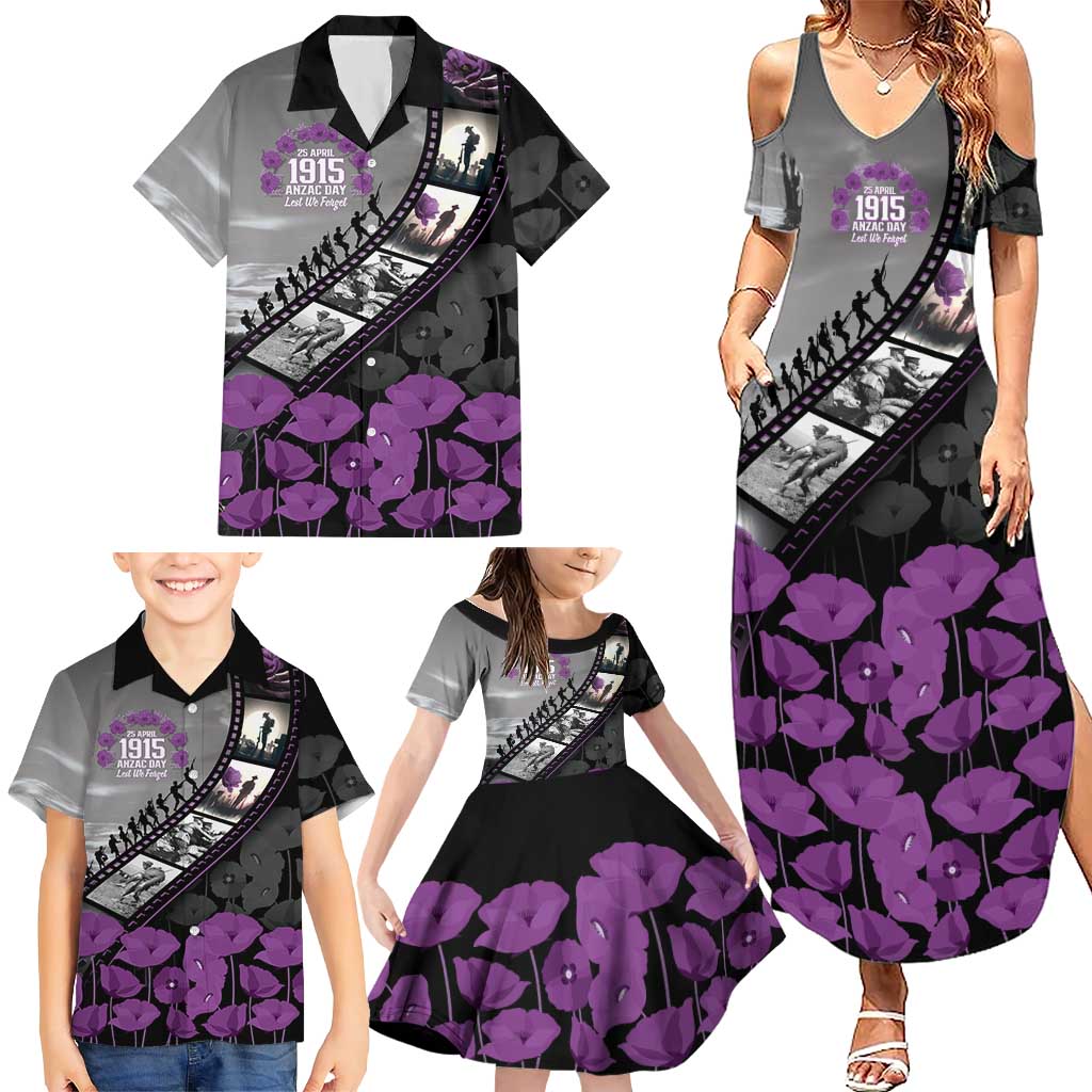 Personalised Remembering ANZAC Lest We Forget Family Matching Summer Maxi Dress and Hawaiian Shirt Vintage Film Frame Memorial Purple Poppy LT9 - Polynesian Pride