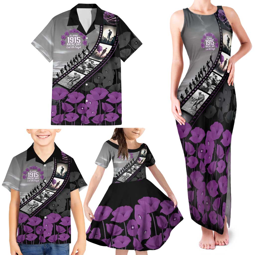 Personalised Remembering ANZAC Lest We Forget Family Matching Tank Maxi Dress and Hawaiian Shirt Vintage Film Frame Memorial Purple Poppy