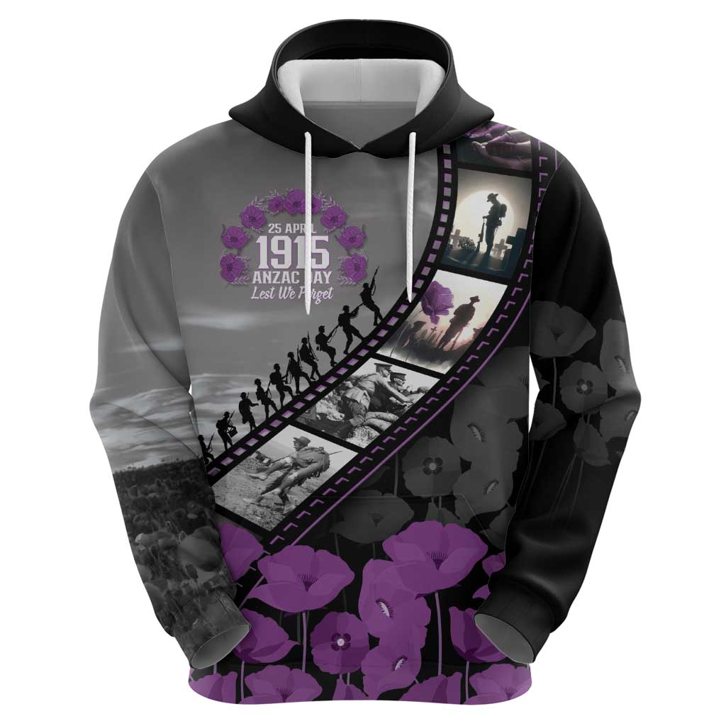 Personalised Remembering ANZAC Lest We Forget Hoodie Vintage Film Frame Memorial Purple Poppy