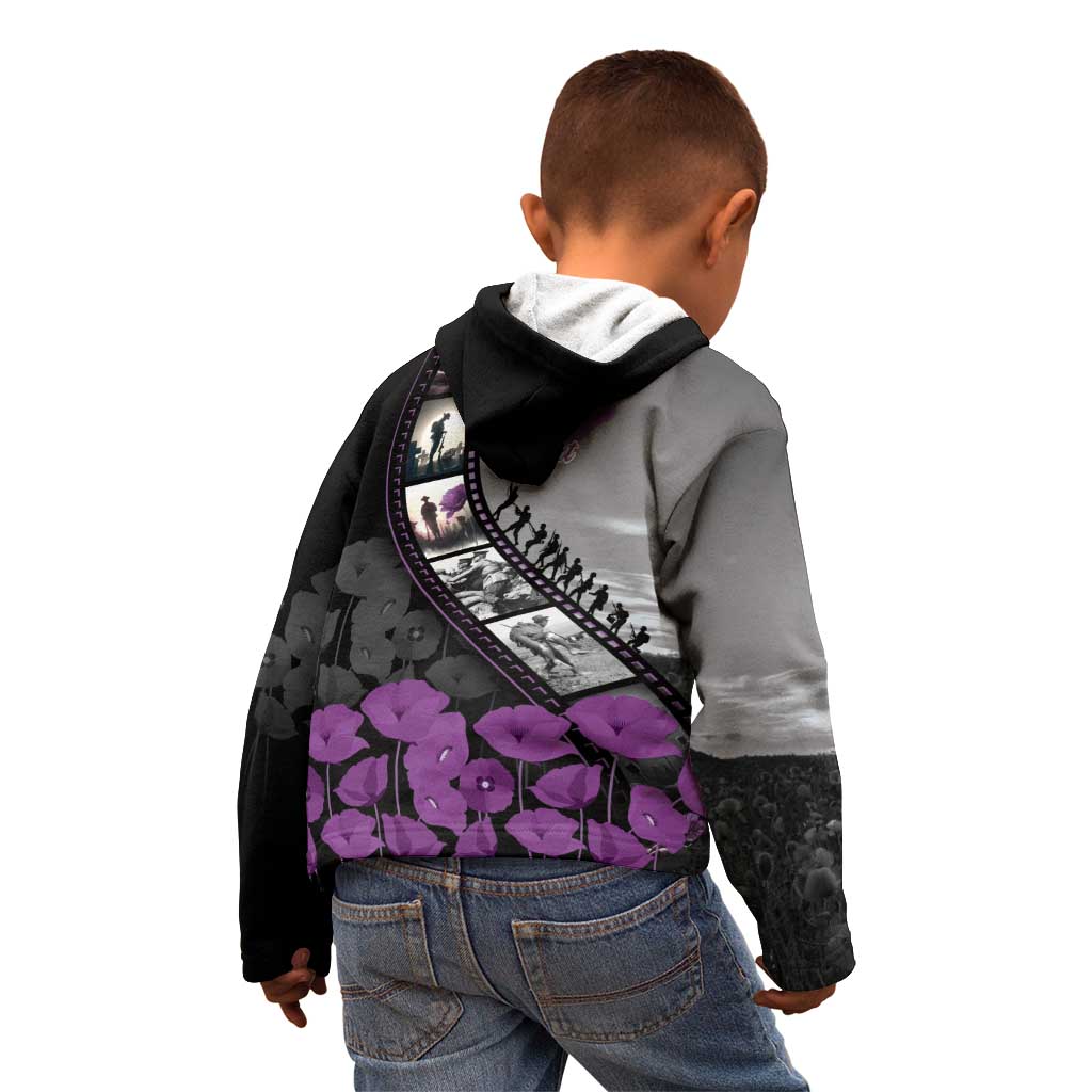 Personalised Remembering ANZAC Lest We Forget Kid Hoodie Vintage Film Frame Memorial Purple Poppy