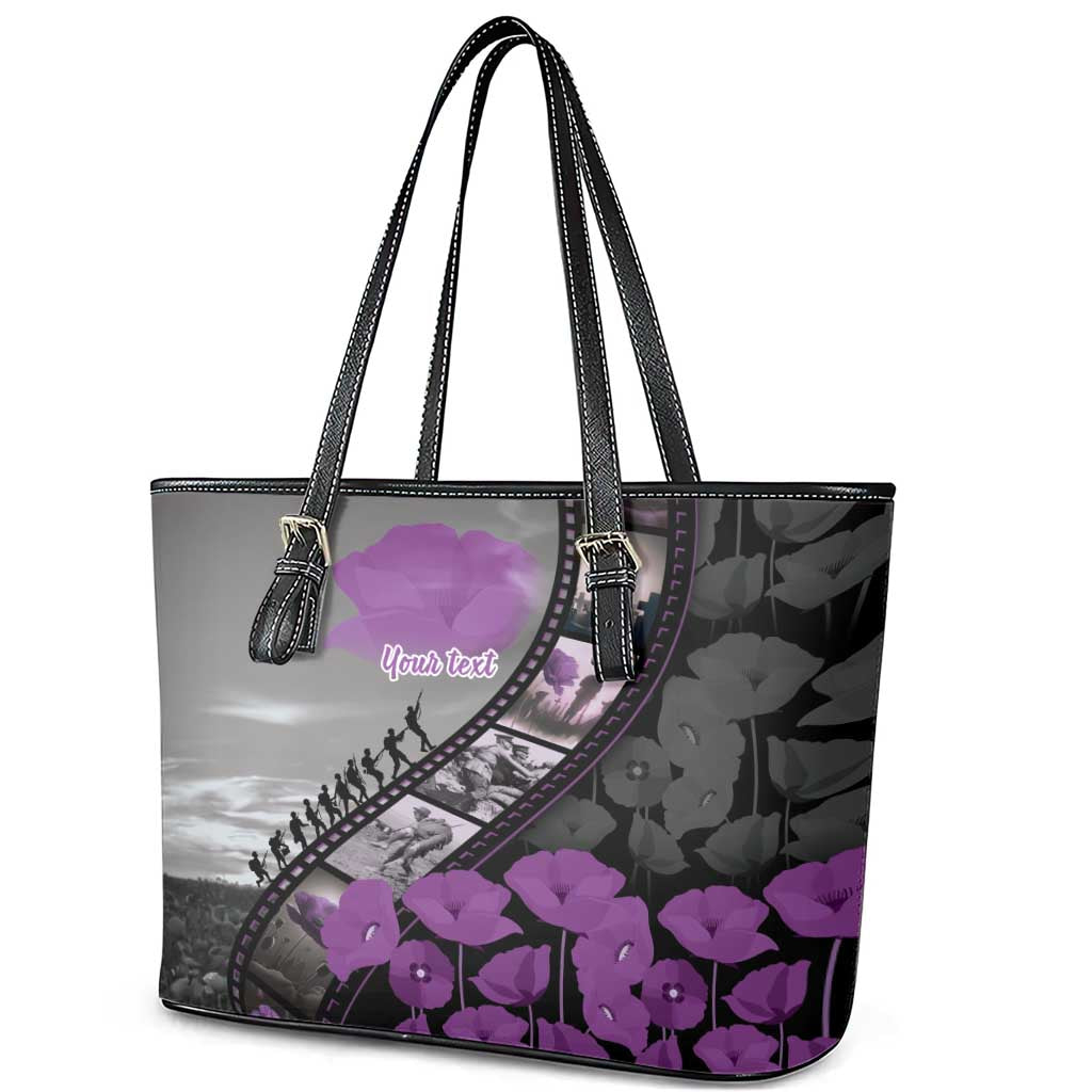 Personalised Remembering ANZAC Lest We Forget Leather Tote Bag Vintage Film Frame Memorial Purple Poppy
