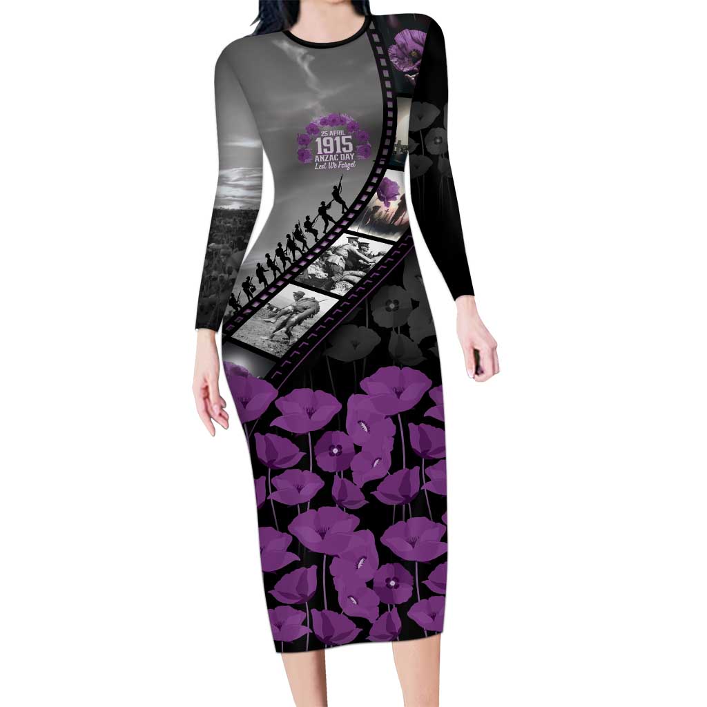 Personalised Remembering ANZAC Lest We Forget Long Sleeve Bodycon Dress Vintage Film Frame Memorial Purple Poppy LT9 Long Dress Purple - Polynesian Pride