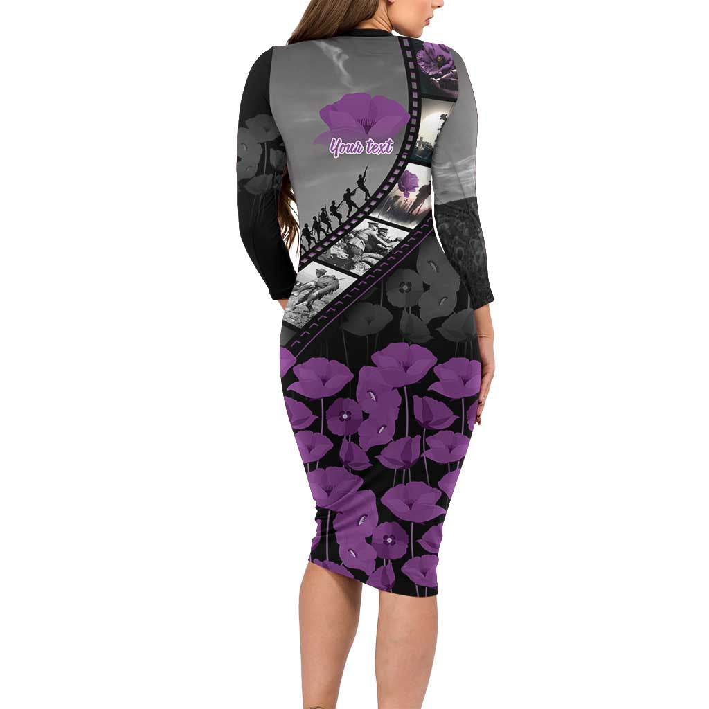Personalised Remembering ANZAC Lest We Forget Long Sleeve Bodycon Dress Vintage Film Frame Memorial Purple Poppy LT9 - Polynesian Pride