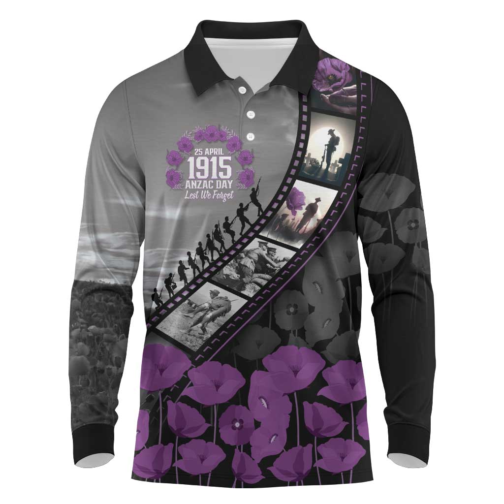 Personalised Remembering ANZAC Lest We Forget Long Sleeve Polo Shirt Vintage Film Frame Memorial Purple Poppy