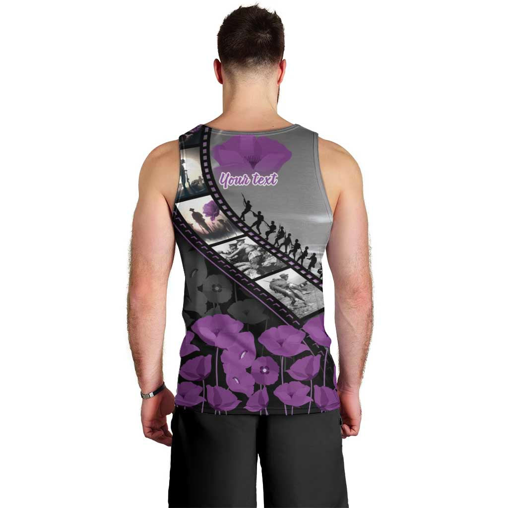 Personalised Remembering ANZAC Lest We Forget Men Tank Top Vintage Film Frame Memorial Purple Poppy
