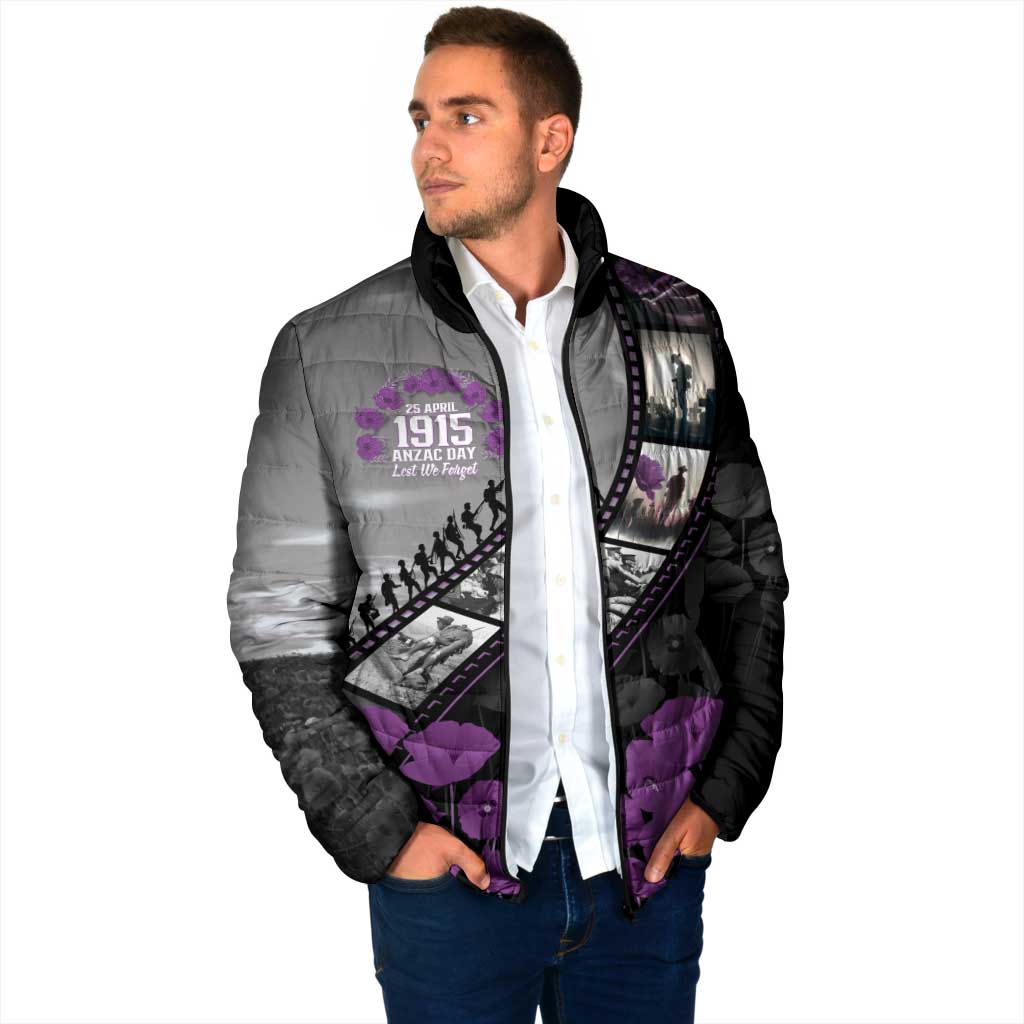Personalised Remembering ANZAC Lest We Forget Padded Jacket Vintage Film Frame Memorial Purple Poppy