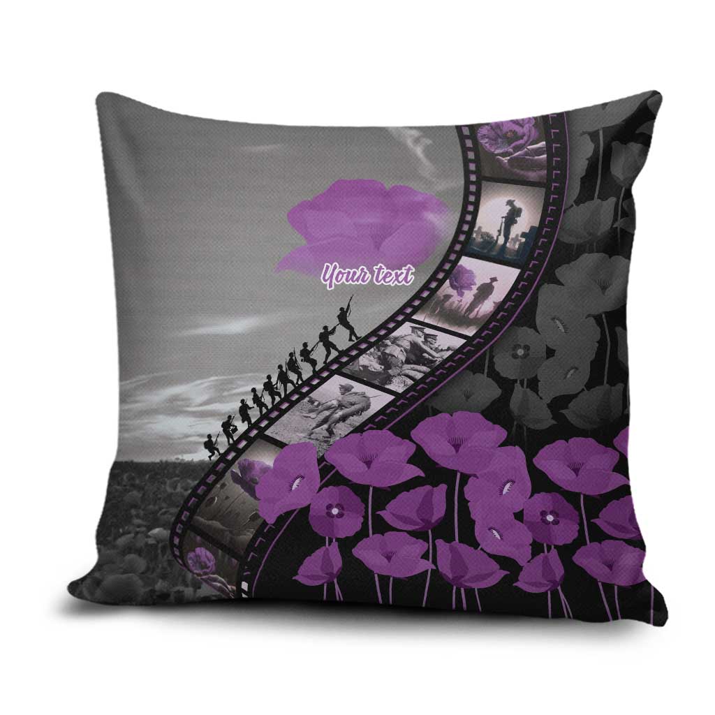 Personalised Remembering ANZAC Lest We Forget Pillow Cover Vintage Film Frame Memorial Purple Poppy LT9 Purple - Polynesian Pride