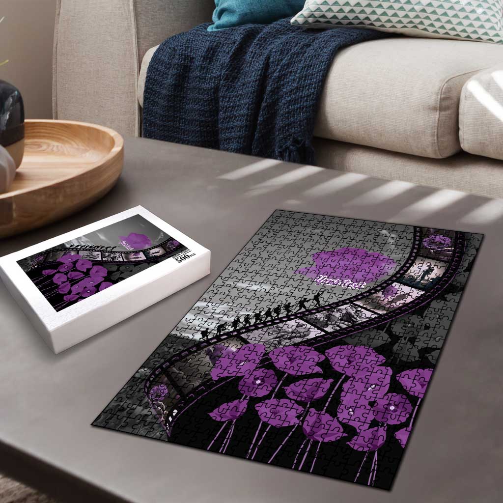 Personalised Remembering ANZAC Lest We Forget Puzzle Vintage Film Frame Memorial Purple Poppy