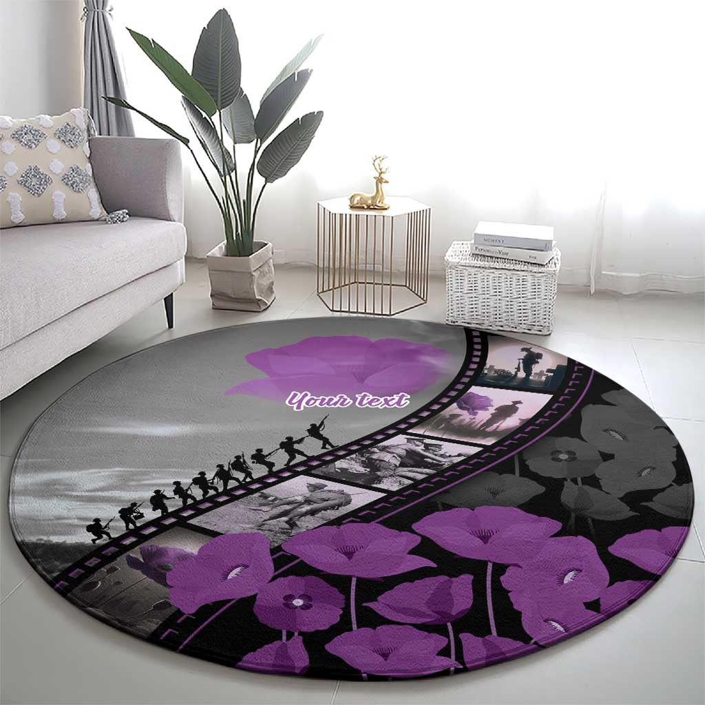 Personalised Remembering ANZAC Lest We Forget Round Carpet Vintage Film Frame Memorial Purple Poppy