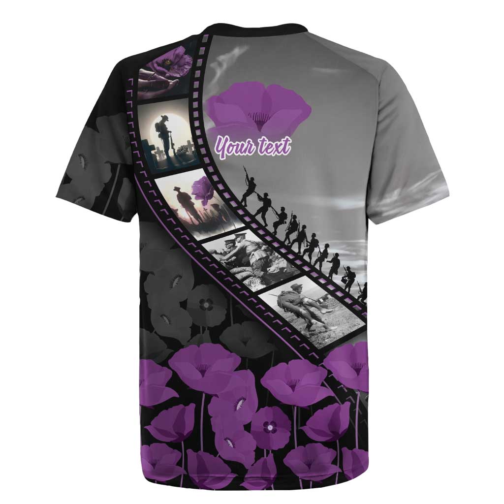 Personalised Remembering ANZAC Lest We Forget Rugby Jersey Vintage Film Frame Memorial Purple Poppy