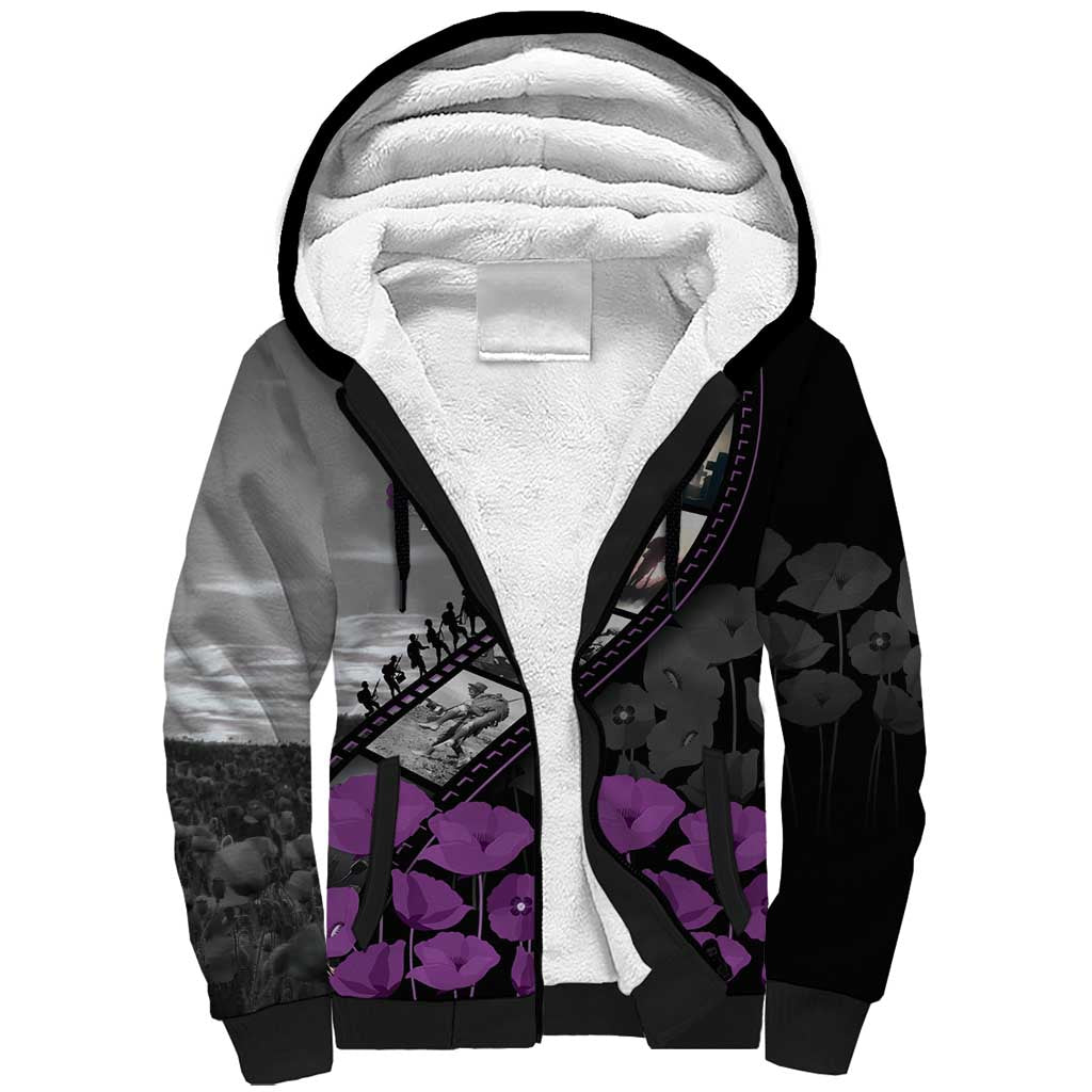 Personalised Remembering ANZAC Lest We Forget Sherpa Hoodie Vintage Film Frame Memorial Purple Poppy LT9 Unisex Purple - Polynesian Pride