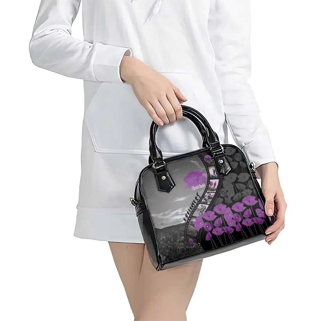 Personalised Remembering ANZAC Lest We Forget Shoulder Handbag Vintage Film Frame Memorial Purple Poppy