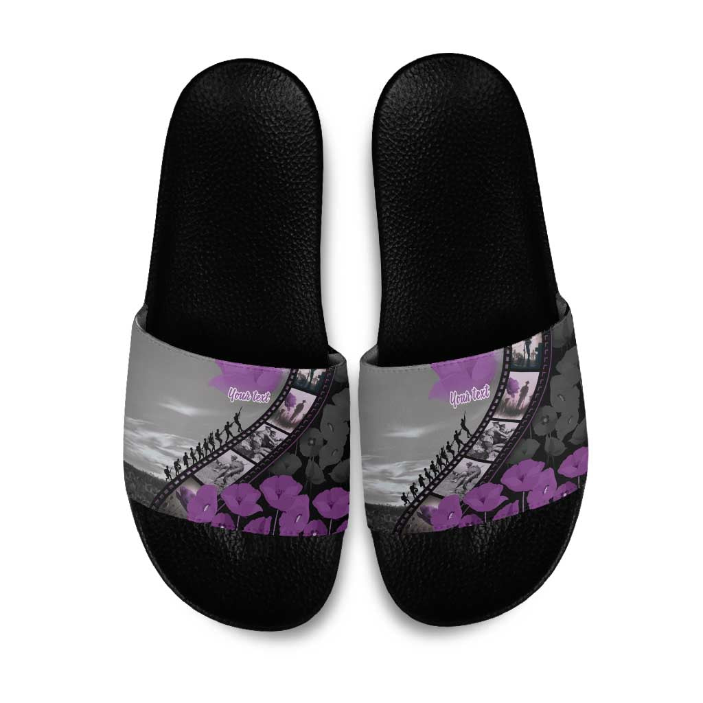 Personalised Remembering ANZAC Lest We Forget Slide Sandals Vintage Film Frame Memorial Purple Poppy