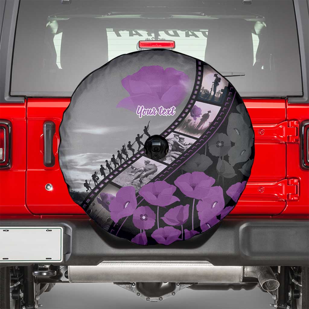 Personalised Remembering ANZAC Lest We Forget Spare Tire Cover Vintage Film Frame Memorial Purple Poppy
