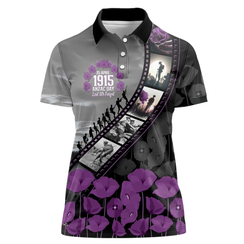 Personalised Remembering ANZAC Lest We Forget Women Polo Shirt Vintage Film Frame Memorial Purple Poppy LT9 Female Purple - Polynesian Pride