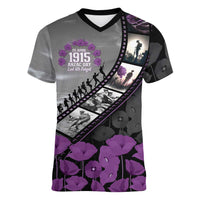Personalised Remembering ANZAC Lest We Forget Women V-Neck T-Shirt Vintage Film Frame Memorial Purple Poppy LT9 Female Purple - Polynesian Pride