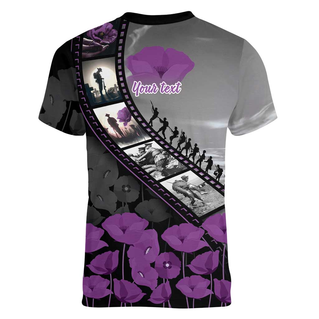 Personalised Remembering ANZAC Lest We Forget Women V-Neck T-Shirt Vintage Film Frame Memorial Purple Poppy LT9 - Polynesian Pride