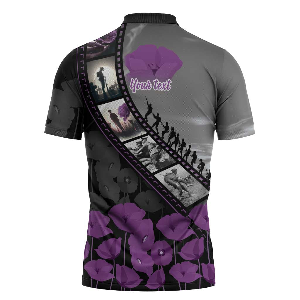 Personalised Remembering ANZAC Lest We Forget Zipper Polo Shirt Vintage Film Frame Memorial Purple Poppy LT9 - Polynesian Pride