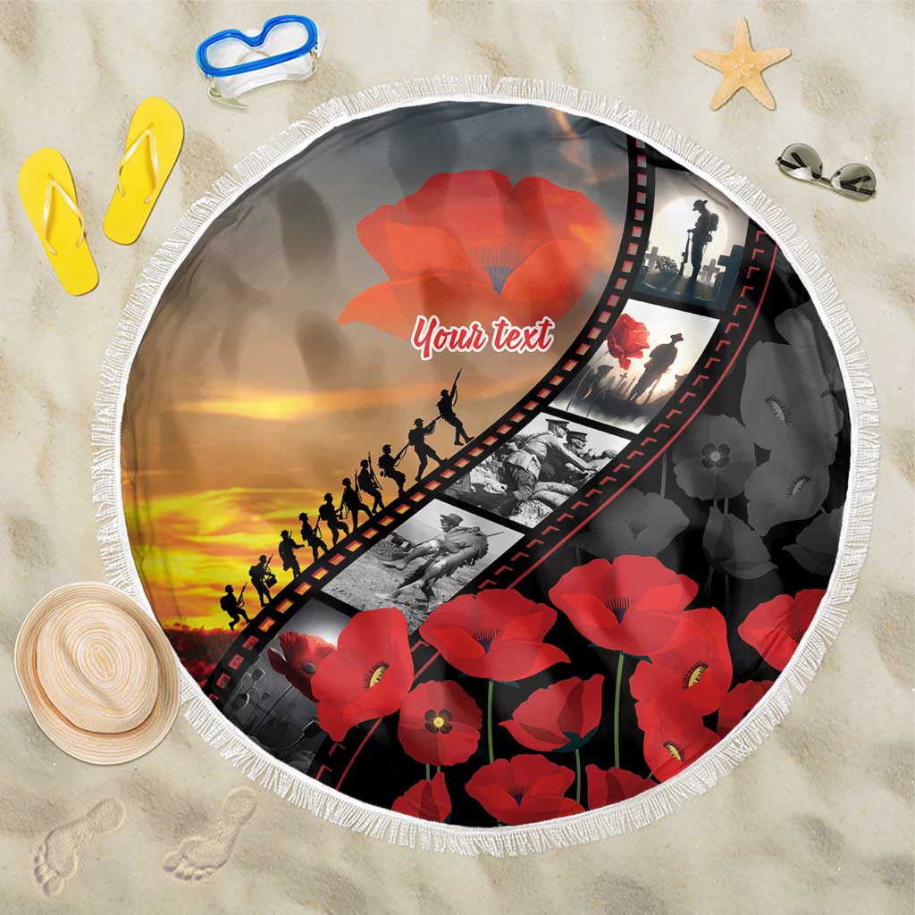 Personalised Remembering ANZAC Lest We Forget Beach Blanket Vintage Film Frame Memorial Red Poppy