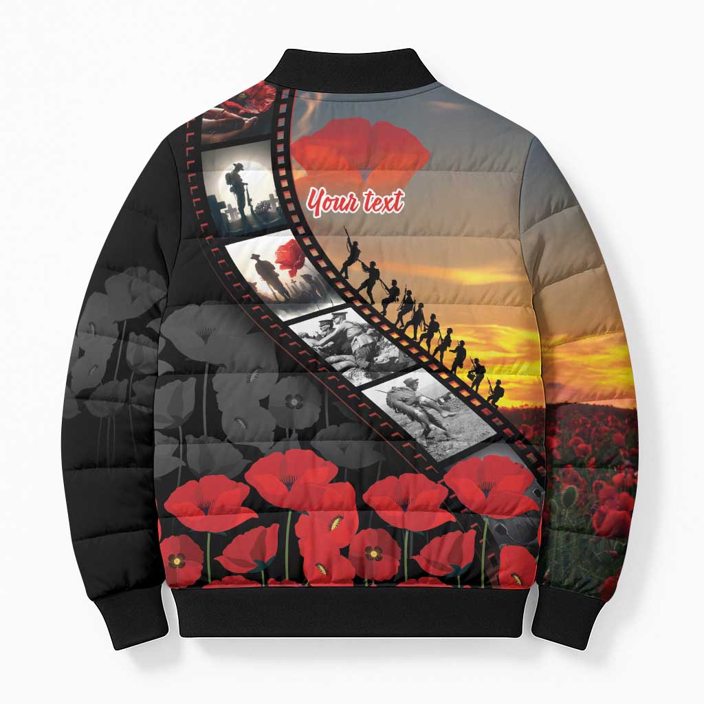 Personalised Remembering ANZAC Lest We Forget Bomber Puffer Jacket Vintage Film Frame Memorial Red Poppy