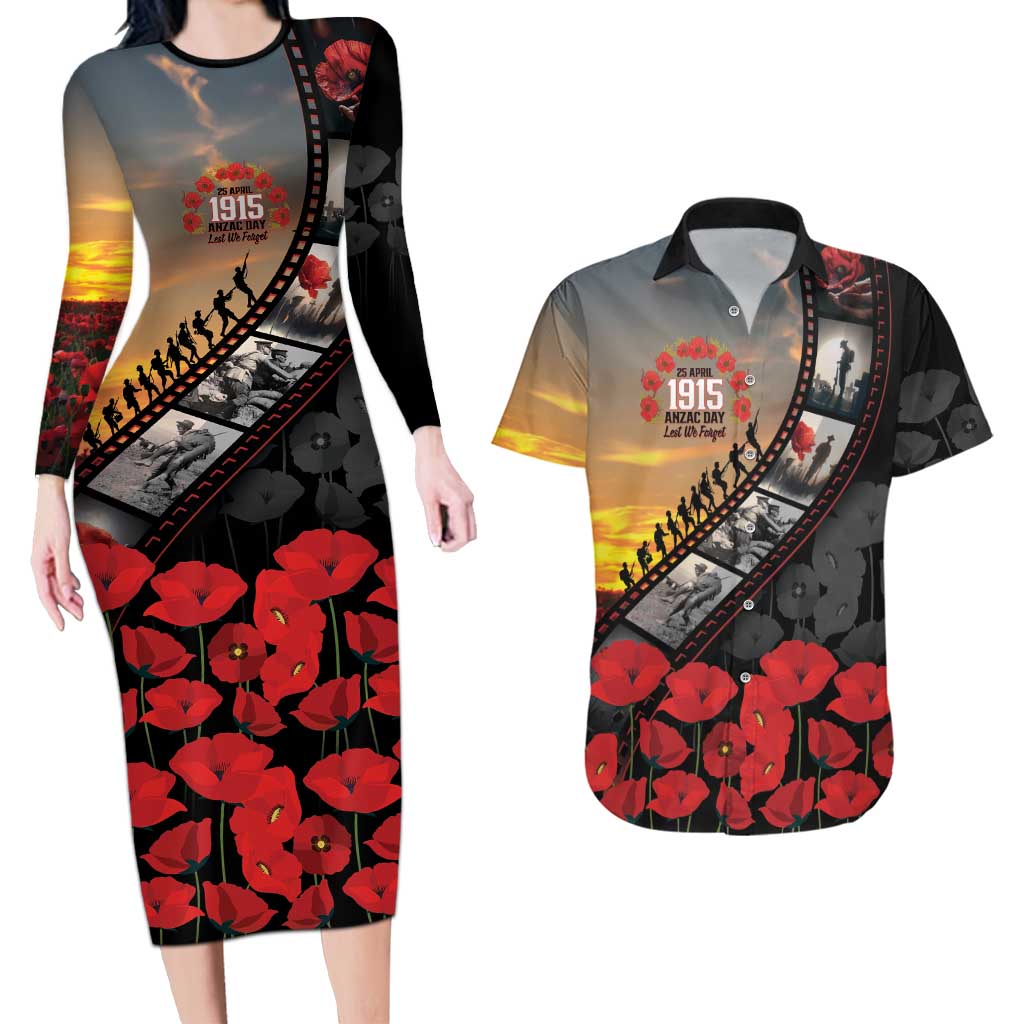 Personalised Remembering ANZAC Lest We Forget Couples Matching Long Sleeve Bodycon Dress and Hawaiian Shirt Vintage Film Frame Memorial Red Poppy LT9 Red - Polynesian Pride