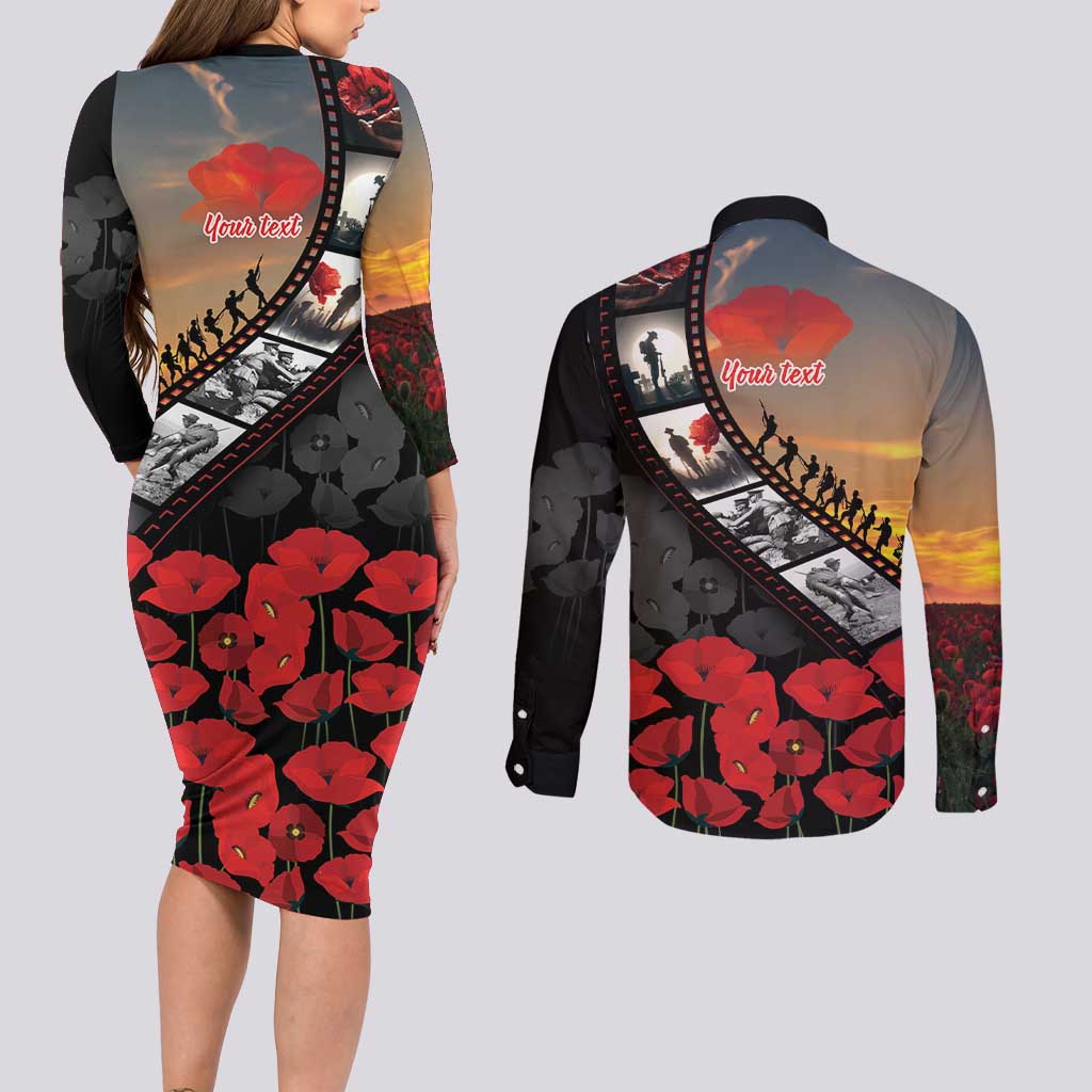 Personalised Remembering ANZAC Lest We Forget Couples Matching Long Sleeve Bodycon Dress and Long Sleeve Button Shirt Vintage Film Frame Memorial Red Poppy LT9 - Polynesian Pride