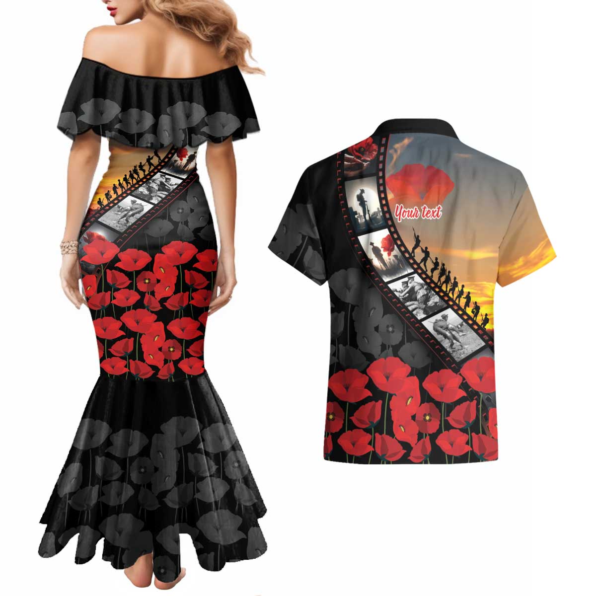 Personalised Remembering ANZAC Lest We Forget Couples Matching Mermaid Dress and Hawaiian Shirt Vintage Film Frame Memorial Red Poppy LT9 - Polynesian Pride