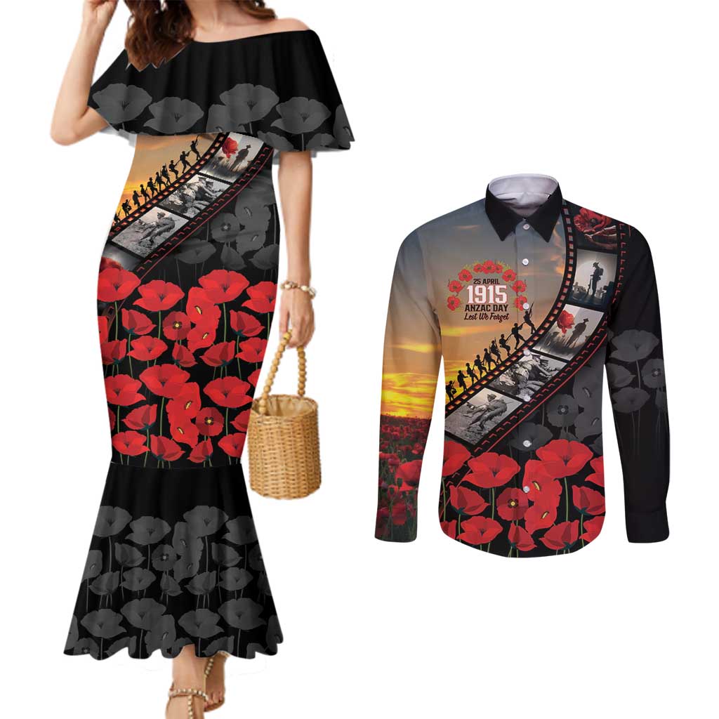 Personalised Remembering ANZAC Lest We Forget Couples Matching Mermaid Dress and Long Sleeve Button Shirt Vintage Film Frame Memorial Red Poppy LT9 Red - Polynesian Pride