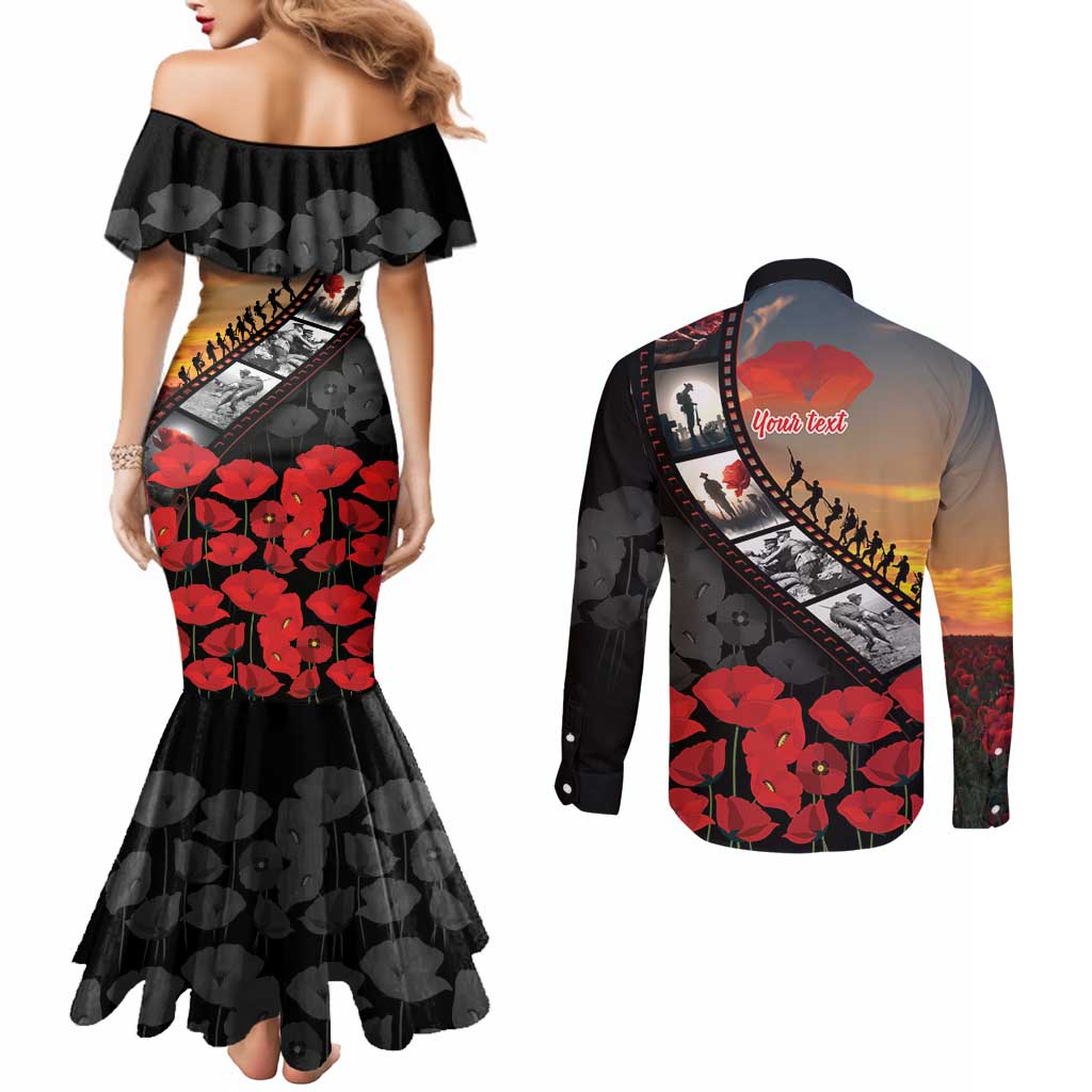 Personalised Remembering ANZAC Lest We Forget Couples Matching Mermaid Dress and Long Sleeve Button Shirt Vintage Film Frame Memorial Red Poppy LT9 - Polynesian Pride