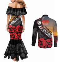 Personalised Remembering ANZAC Lest We Forget Couples Matching Mermaid Dress and Long Sleeve Button Shirt Vintage Film Frame Memorial Red Poppy LT9 - Polynesian Pride