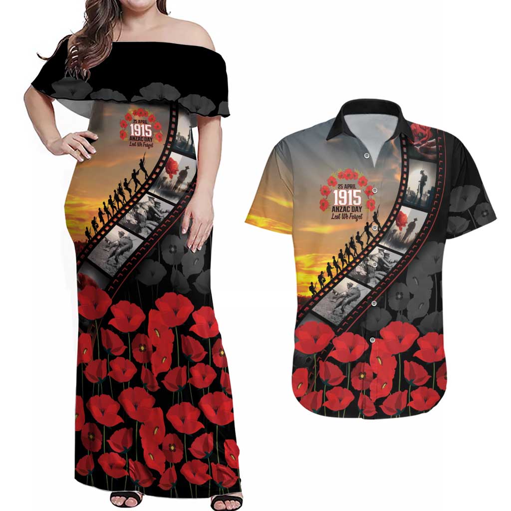 Personalised Remembering ANZAC Lest We Forget Couples Matching Off Shoulder Maxi Dress and Hawaiian Shirt Vintage Film Frame Memorial Red Poppy
