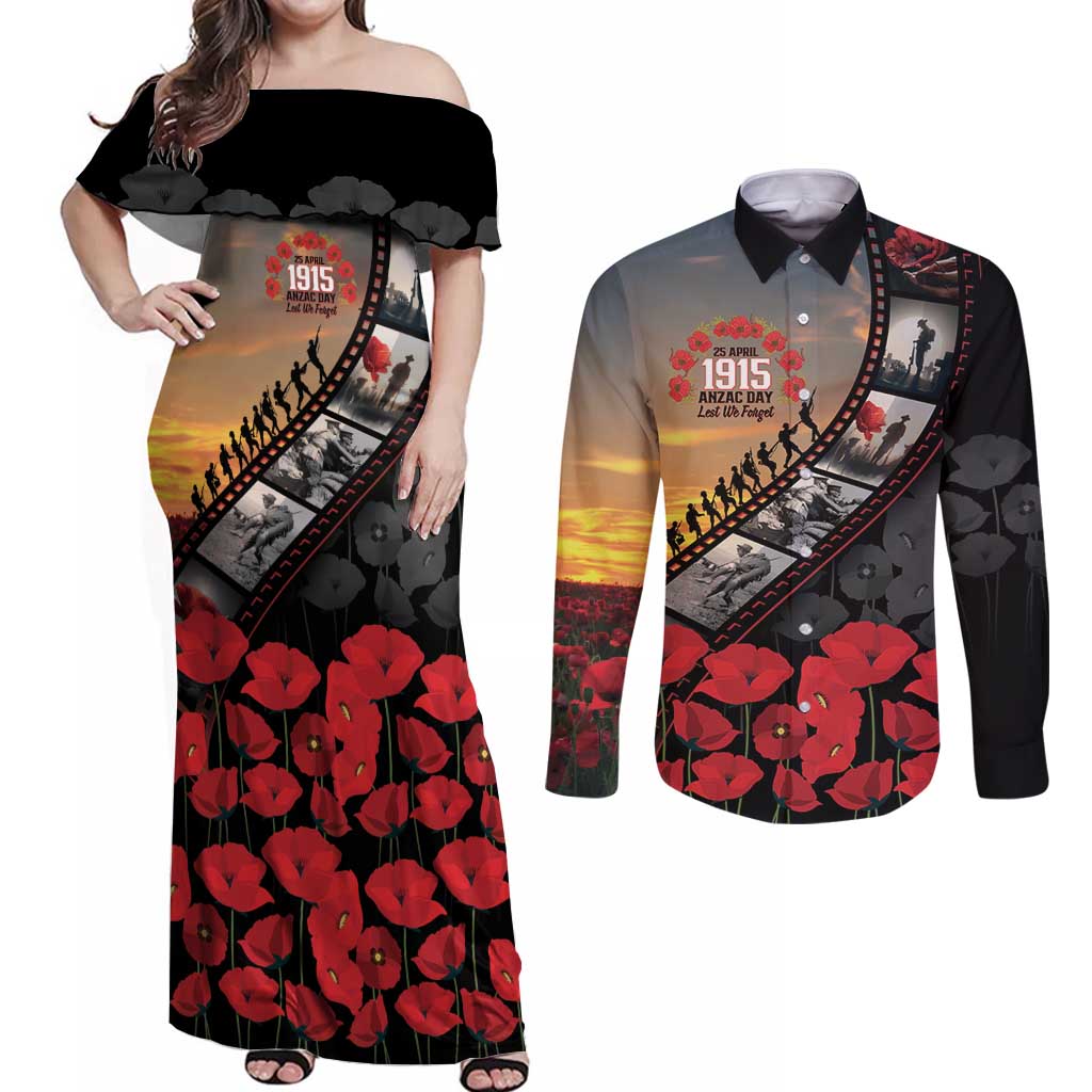 Personalised Remembering ANZAC Lest We Forget Couples Matching Off Shoulder Maxi Dress and Long Sleeve Button Shirt Vintage Film Frame Memorial Red Poppy LT9 Red - Polynesian Pride