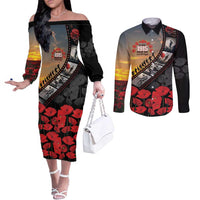 Personalised Remembering ANZAC Lest We Forget Couples Matching Off The Shoulder Long Sleeve Dress and Long Sleeve Button Shirt Vintage Film Frame Memorial Red Poppy LT9 Red - Polynesian Pride