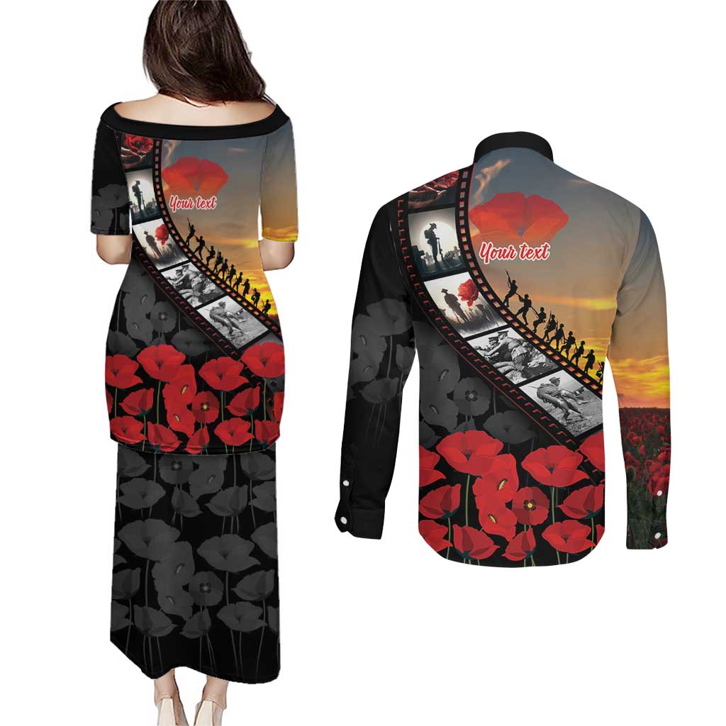Personalised Remembering ANZAC Lest We Forget Couples Matching Puletasi and Long Sleeve Button Shirt Vintage Film Frame Memorial Red Poppy