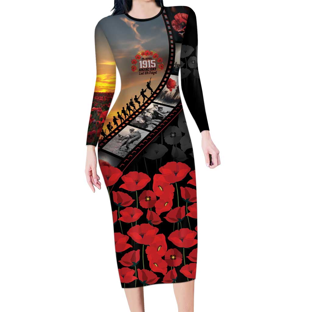 Personalised Remembering ANZAC Lest We Forget Family Matching Long Sleeve Bodycon Dress and Hawaiian Shirt Vintage Film Frame Memorial Red Poppy LT9 Mom's Dress Red - Polynesian Pride