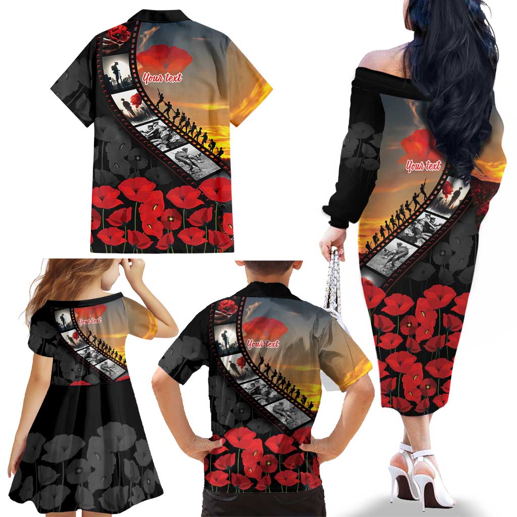 Personalised Remembering ANZAC Lest We Forget Family Matching Off The Shoulder Long Sleeve Dress and Hawaiian Shirt Vintage Film Frame Memorial Red Poppy LT9 - Polynesian Pride