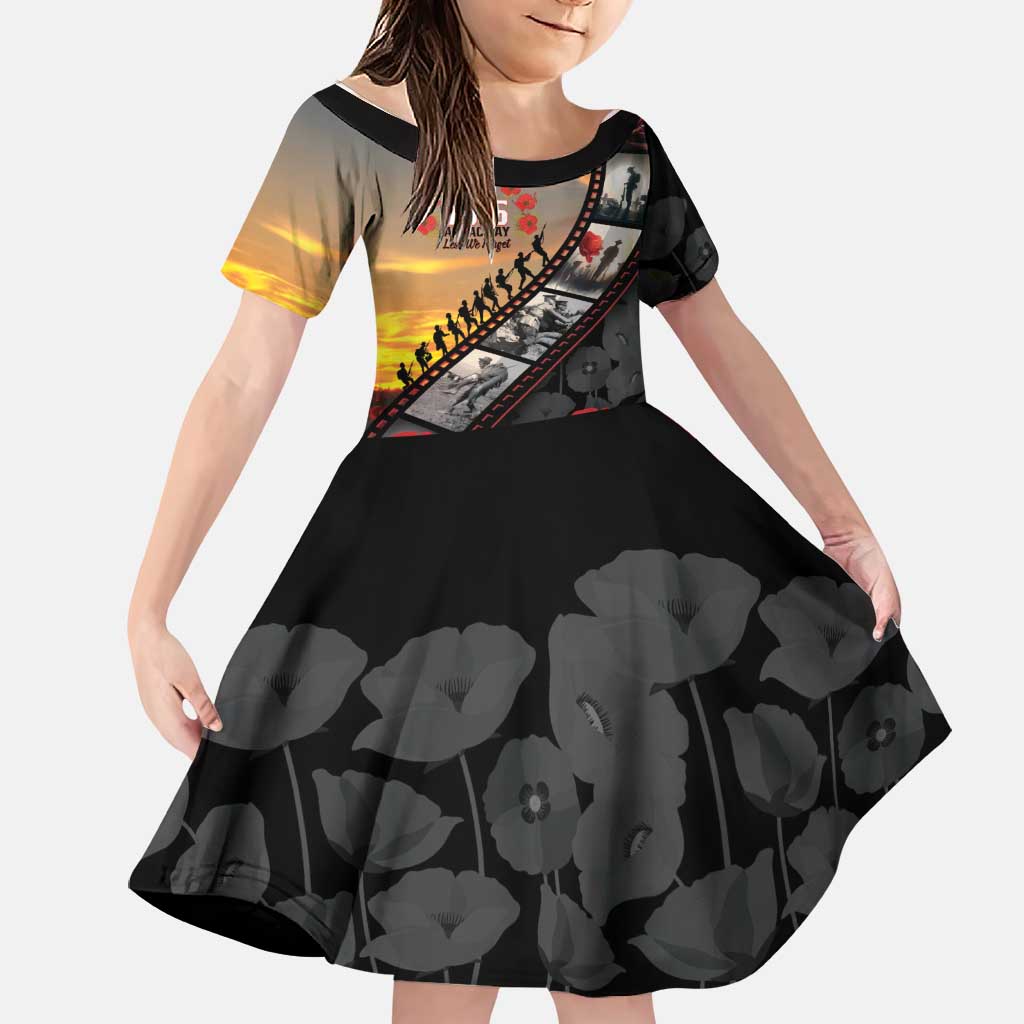Personalised Remembering ANZAC Lest We Forget Family Matching Off Shoulder Maxi Dress and Hawaiian Shirt Vintage Film Frame Memorial Red Poppy LT9 Daughter's Dress Red - Polynesian Pride