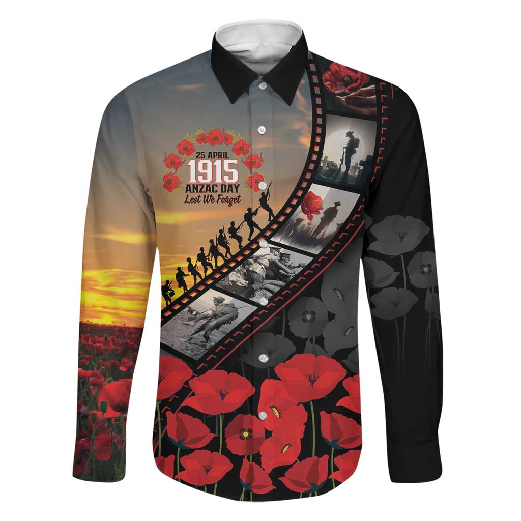 Personalised Remembering ANZAC Lest We Forget Family Matching Puletasi and Hawaiian Shirt Vintage Film Frame Memorial Red Poppy LT9 Dad's Shirt - Long Sleeve Red - Polynesian Pride