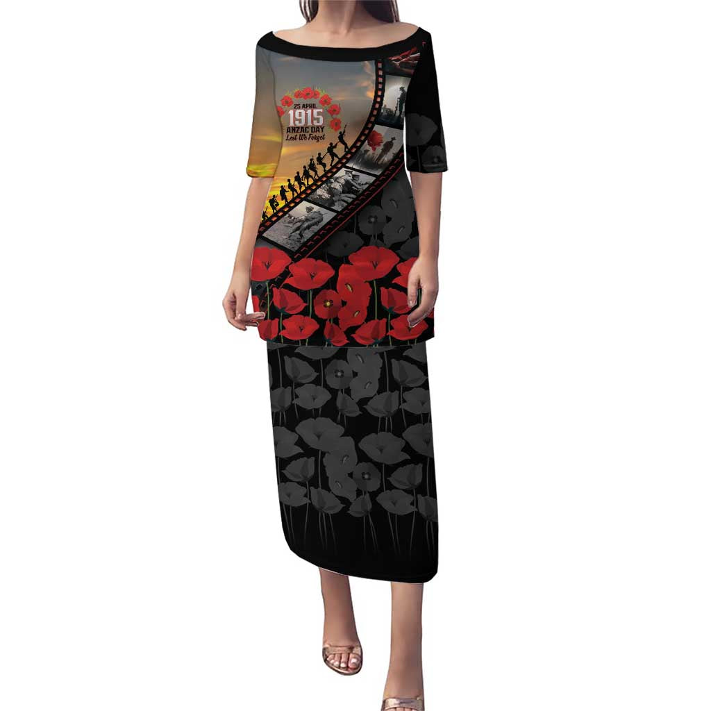 Personalised Remembering ANZAC Lest We Forget Family Matching Puletasi and Hawaiian Shirt Vintage Film Frame Memorial Red Poppy LT9 Mom's Dress Red - Polynesian Pride