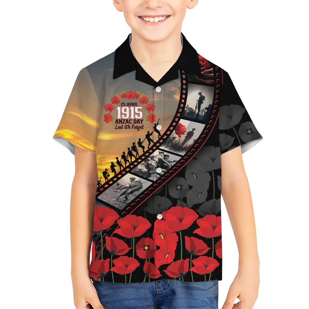 Personalised Remembering ANZAC Lest We Forget Family Matching Puletasi and Hawaiian Shirt Vintage Film Frame Memorial Red Poppy LT9 Son's Shirt Red - Polynesian Pride