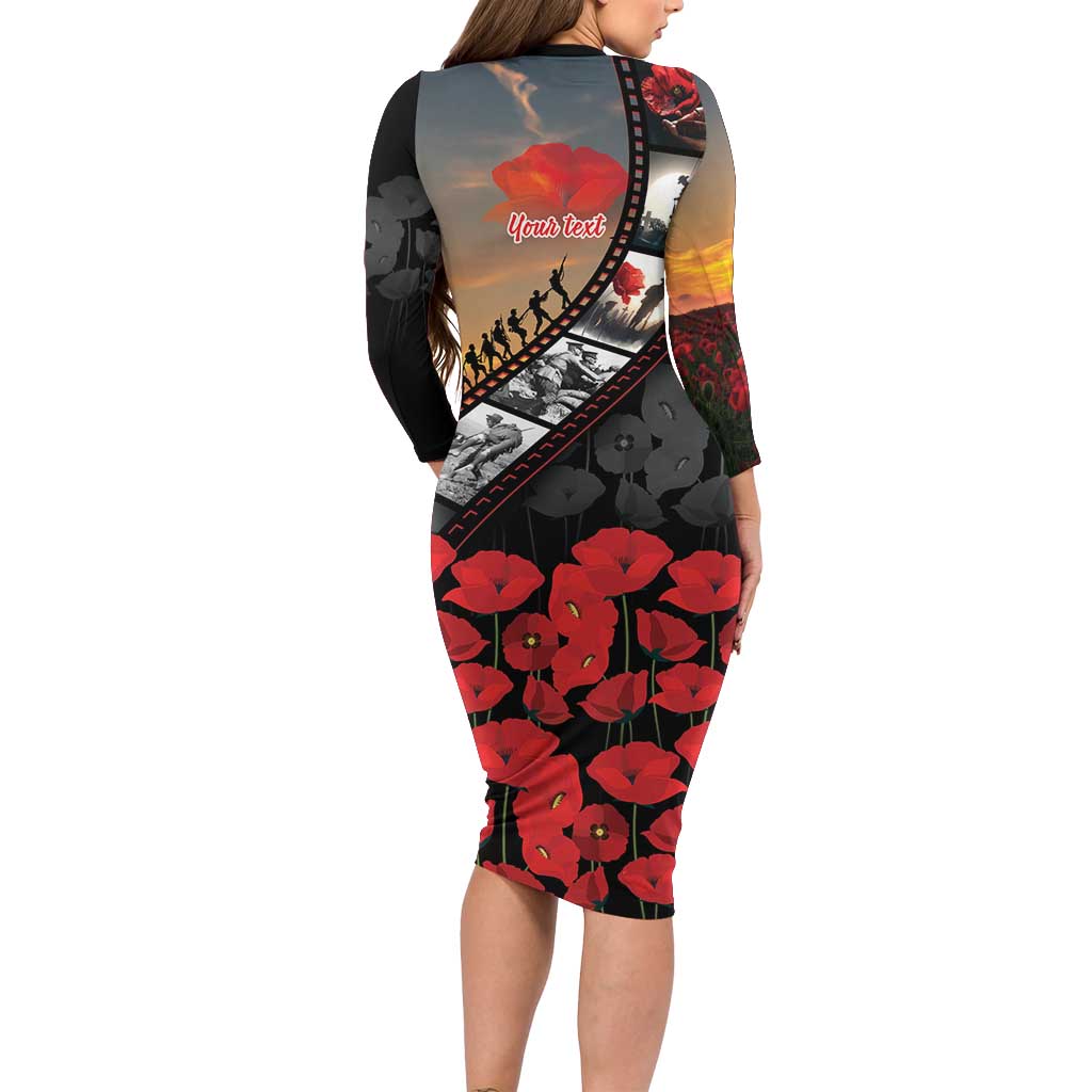 Personalised Remembering ANZAC Lest We Forget Long Sleeve Bodycon Dress Vintage Film Frame Memorial Red Poppy