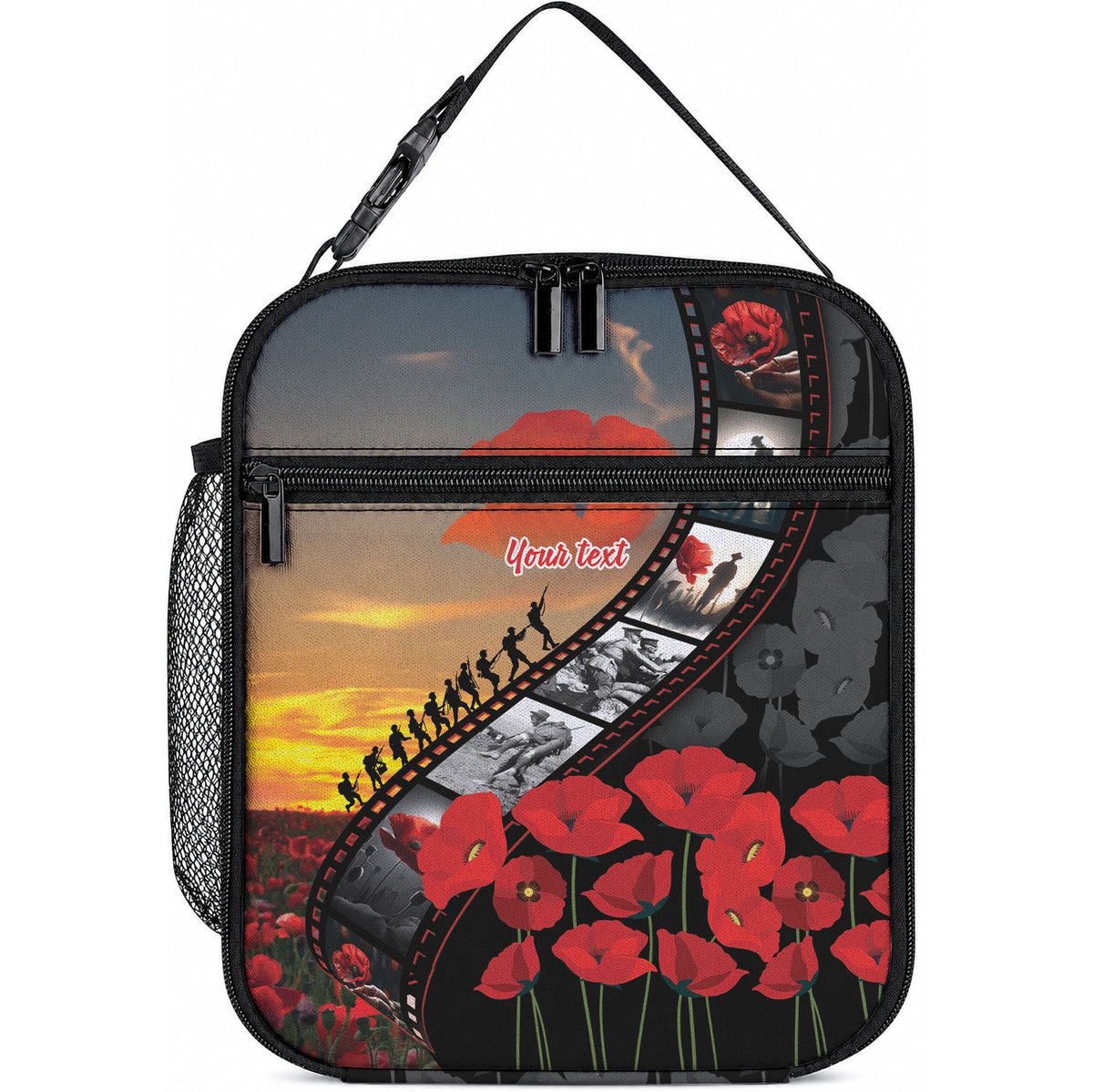 Personalised Remembering ANZAC Lest We Forget Lunch Bag Vintage Film Frame Memorial Red Poppy LT9 10.2 × 8.3 × 4.3 inch Red - Polynesian Pride