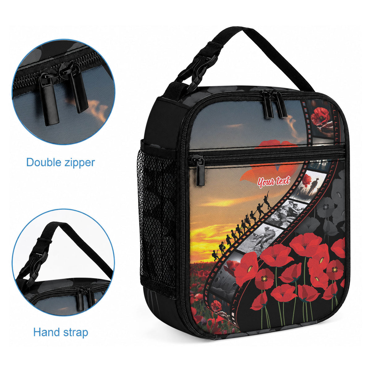 Personalised Remembering ANZAC Lest We Forget Lunch Bag Vintage Film Frame Memorial Red Poppy LT9 - Polynesian Pride