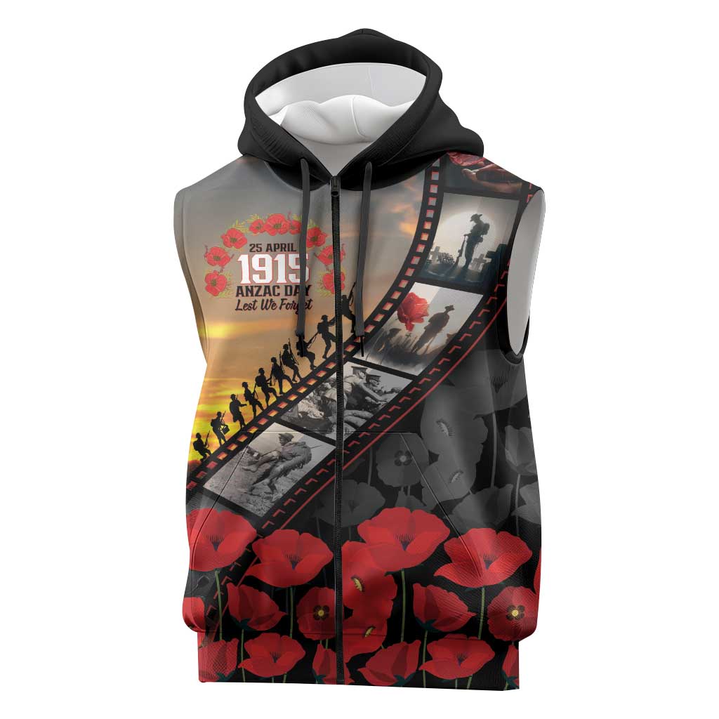 Personalised Remembering ANZAC Lest We Forget Sleeveless Zip Hoodie Vintage Film Frame Memorial Red Poppy LT9 Red - Polynesian Pride