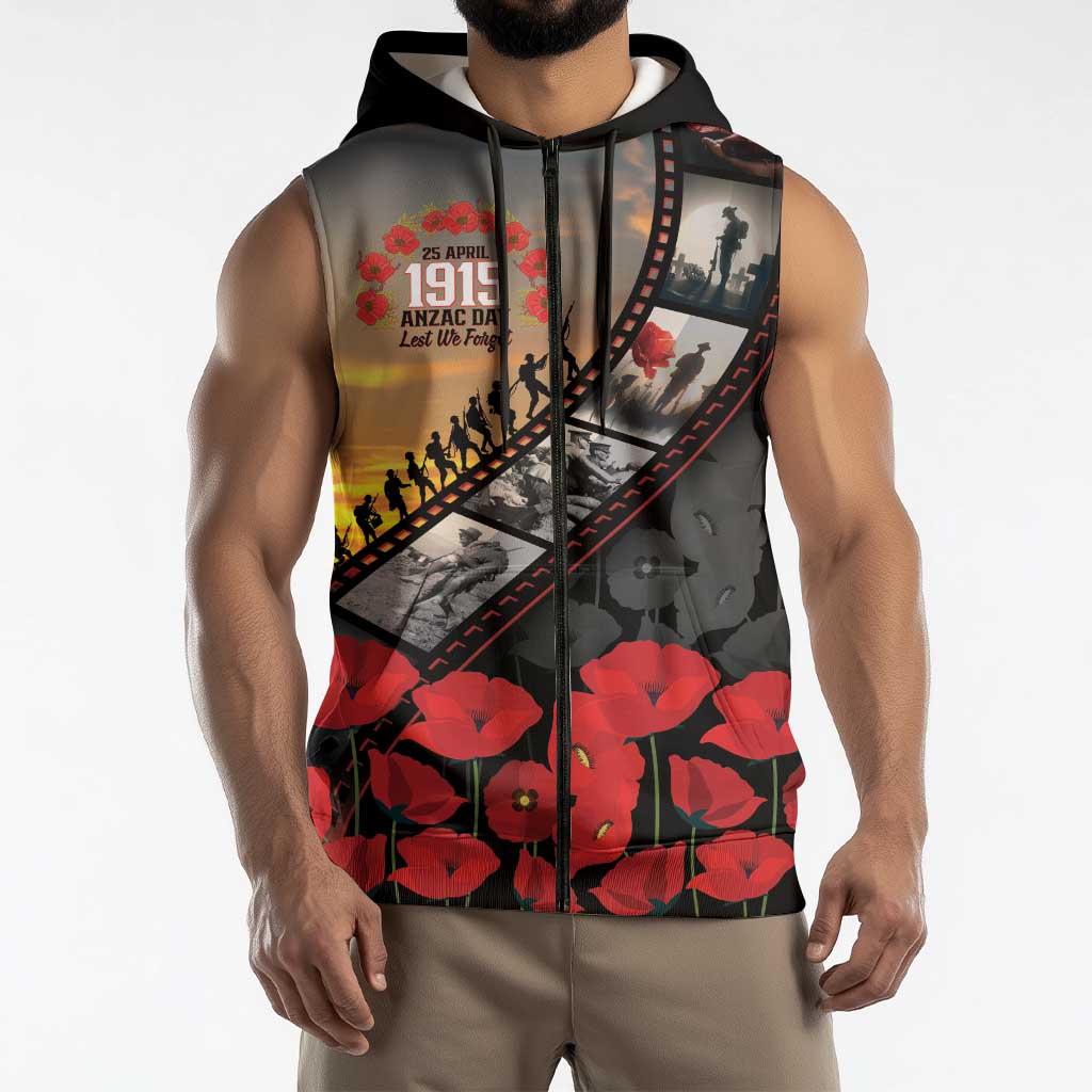 Personalised Remembering ANZAC Lest We Forget Sleeveless Zip Hoodie Vintage Film Frame Memorial Red Poppy LT9 - Polynesian Pride