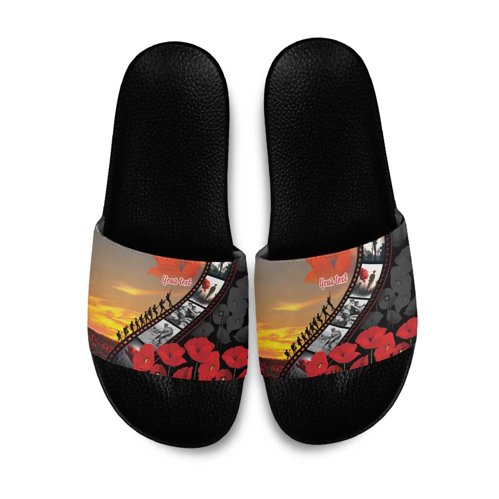 Personalised Remembering ANZAC Lest We Forget Slide Sandals Vintage Film Frame Memorial Red Poppy LT9 Red - Polynesian Pride