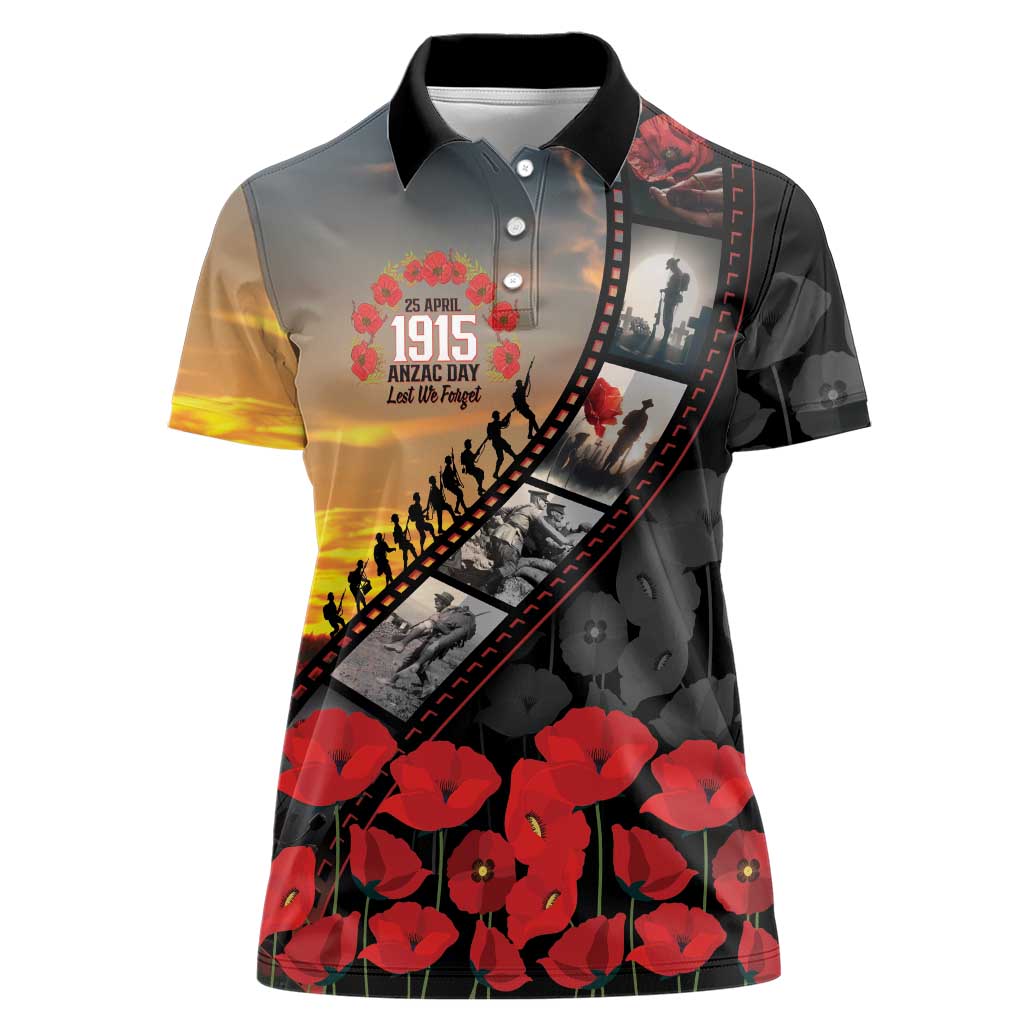 Personalised Remembering ANZAC Lest We Forget Women Polo Shirt Vintage Film Frame Memorial Red Poppy