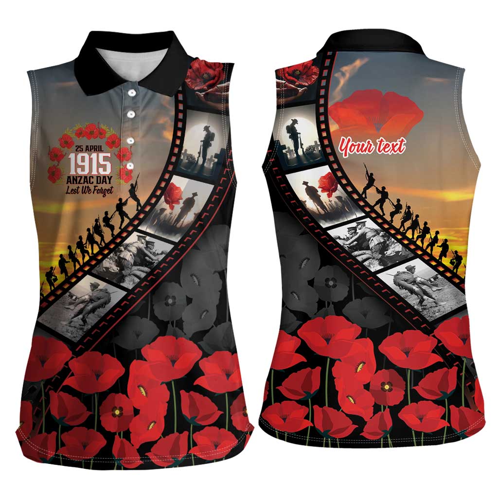 Personalised Remembering ANZAC Lest We Forget Women Sleeveless Polo Shirt Vintage Film Frame Memorial Red Poppy LT9 - Polynesian Pride