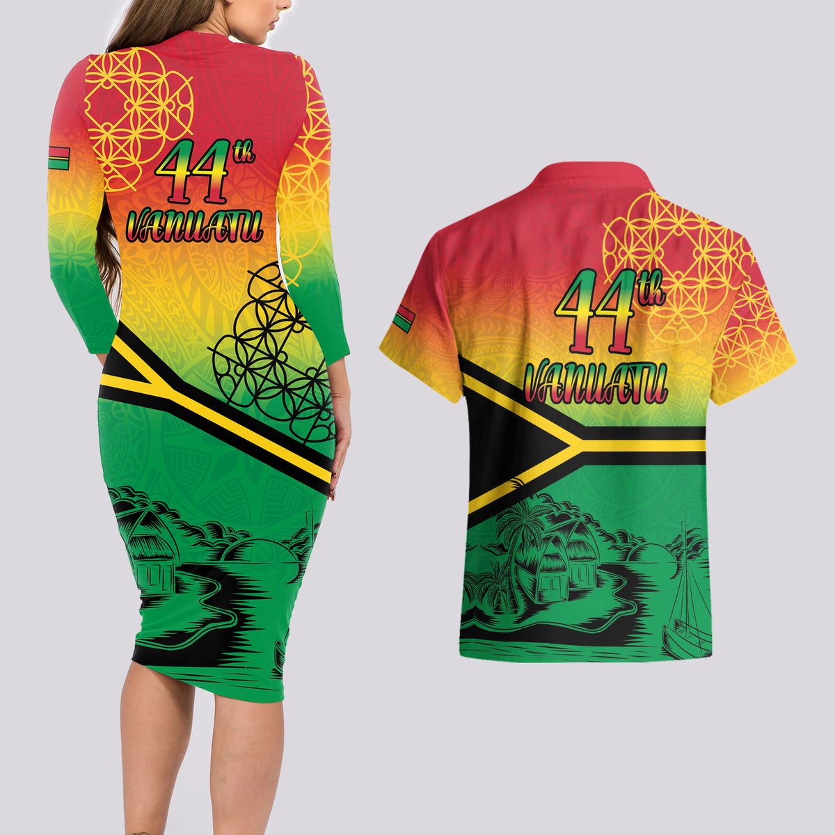 Hapi 44th Indipendens Dei Vanuatu Couples Matching Long Sleeve Bodycon Dress and Hawaiian Shirt Yumi 1980 with Vanuatuan Beach Landscape LT9 - Polynesian Pride